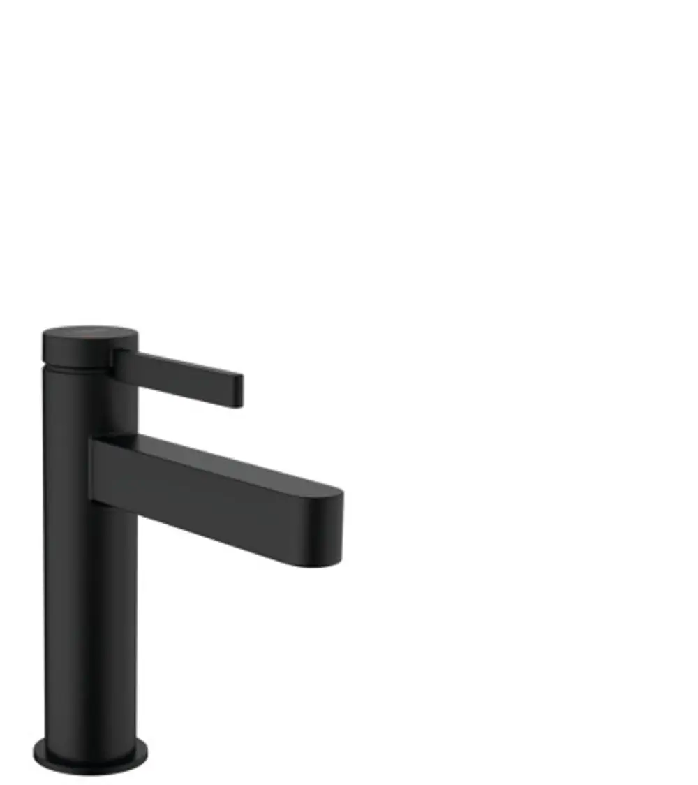 Ein Einhebel-Waschtischmischer in mattschwarz von Hansgrohe, mit einem schlichten Design und einem seitlichen Hebel zur Temperatur- und Wassermengenregulierung.
